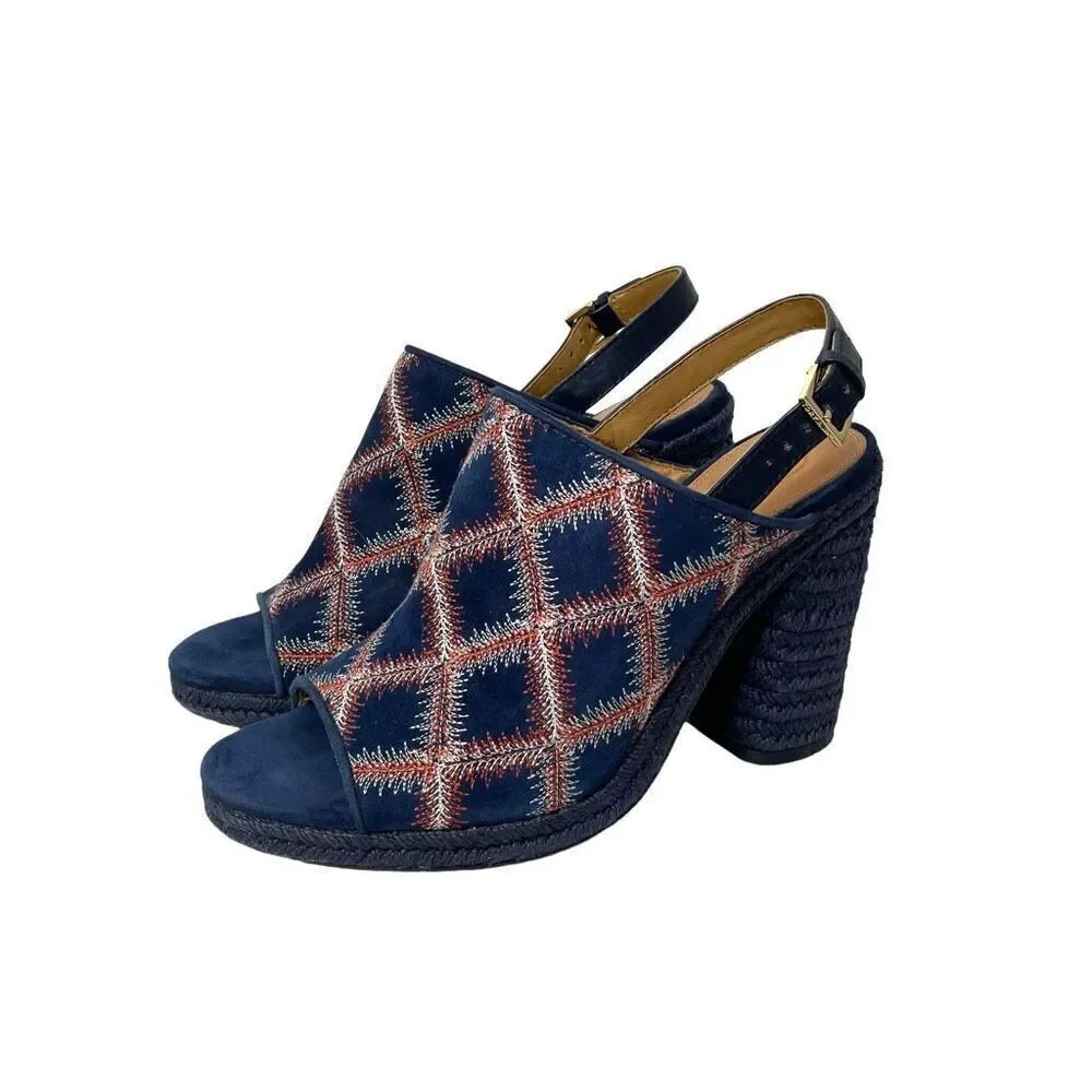 Tory Burch Trinity suede embroidered block heel‎ sandals heels Size 8.5 blue